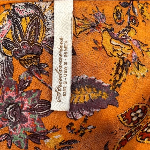 #94 Stradivarius floral on orange Dolman sleeve mini Dress size small - Picture 7 of 8